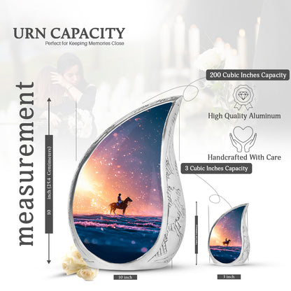 Wine Red Horse Polo Cremation Urn angled view of lid and engraved motif - flowing teardrop horse polo silhouette on curved aluminum - mini keepsake memorial for portion of cremation ashes