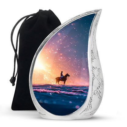 Fiery Red Horse Polo Cremation Urn front view showing detailed design - smooth teardrop contour featuring horse polo art - full-size 10 inch 200 cubic inch adult cremation urn