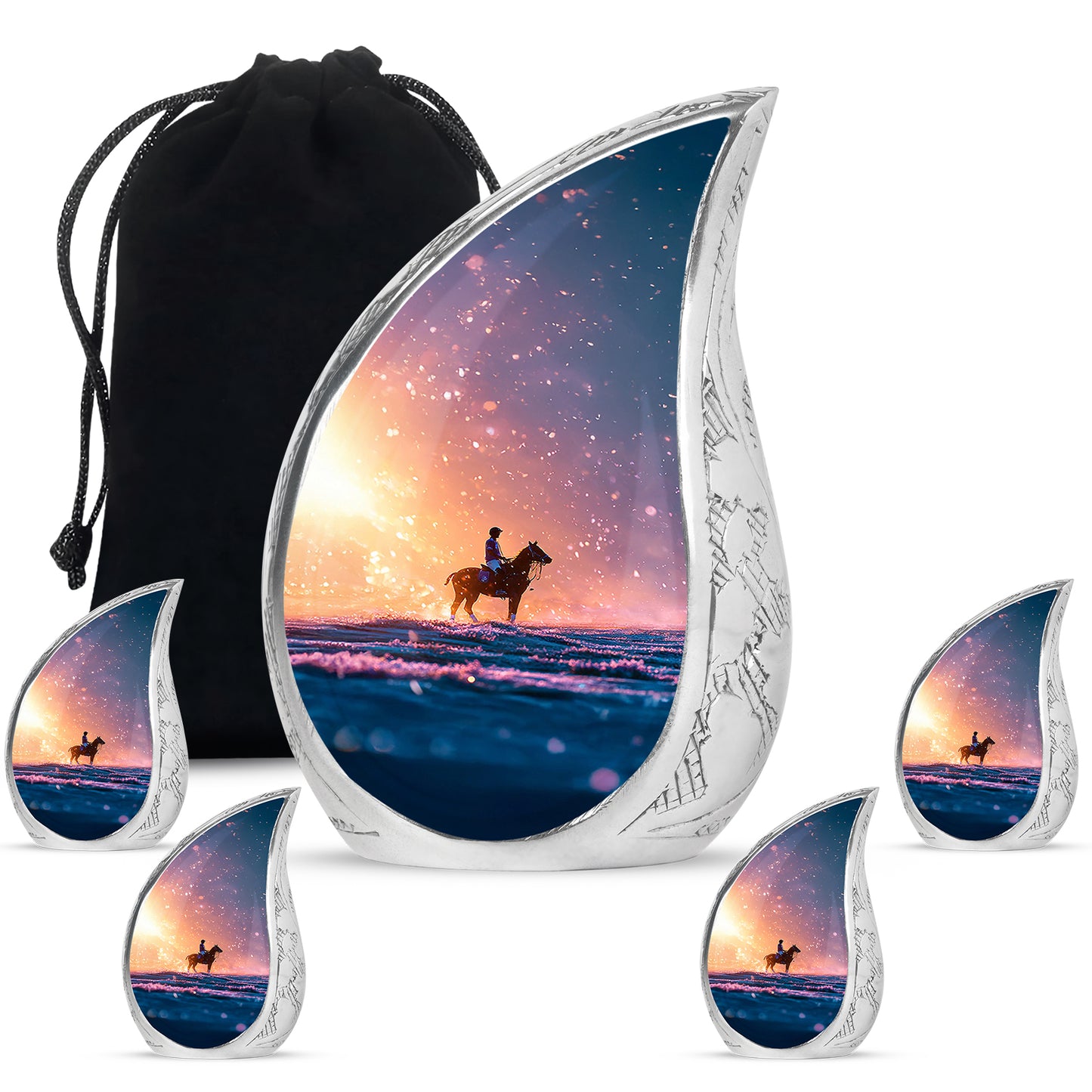 Fiery Red Horse Polo Cremation Urn side profile showing urn shape - graceful tear-shaped urn with horse polo motif - memorial set with one large and four small urns