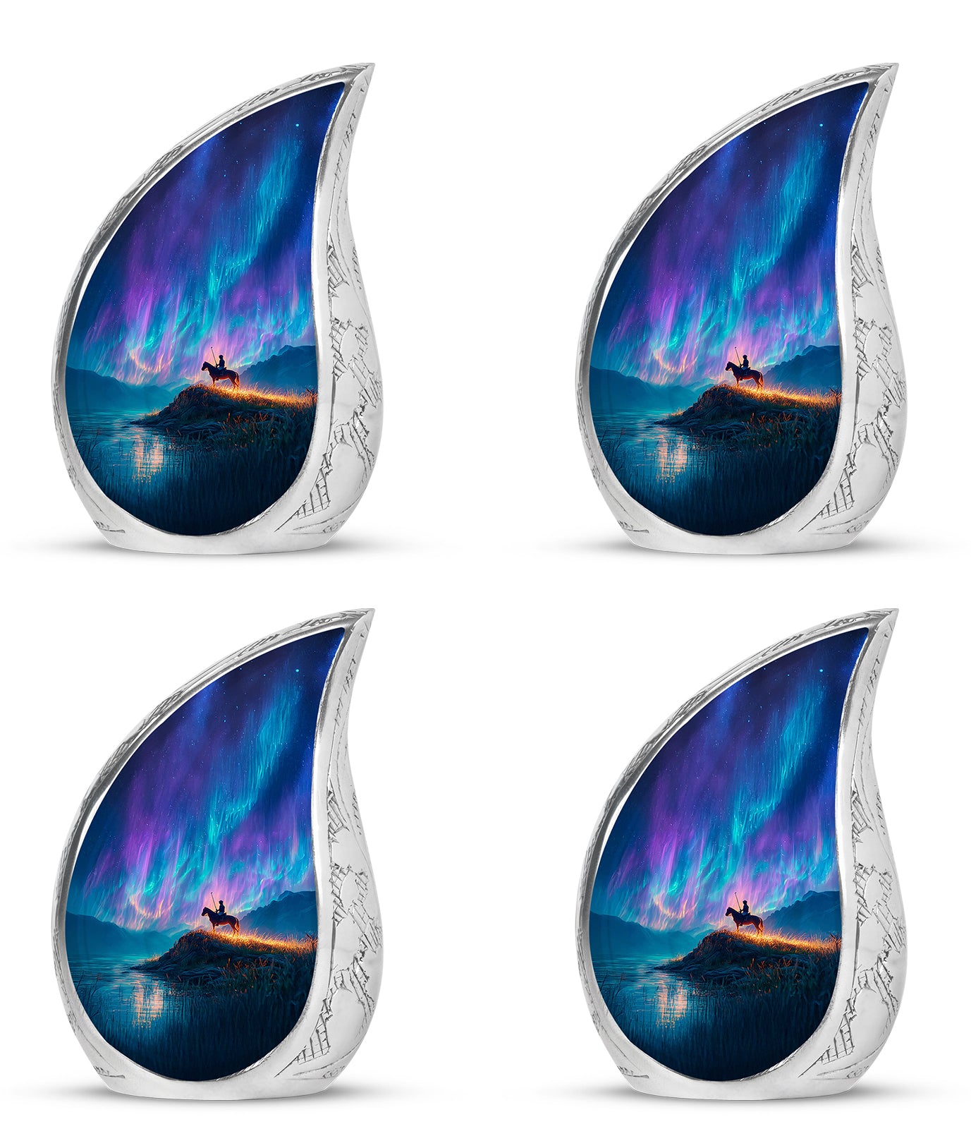 Steel Blue Horse Polo Cremation Urn close-up of engraving and surface detail - graceful tear-shaped urn with horse polo motif - 10 inch aluminum urn for cremated remains