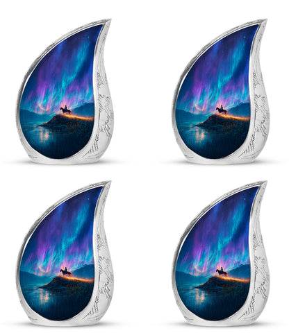 Steel Blue Horse Polo Cremation Urn close-up of engraving and surface detail - graceful tear-shaped urn with horse polo motif - 10 inch aluminum urn for cremated remains