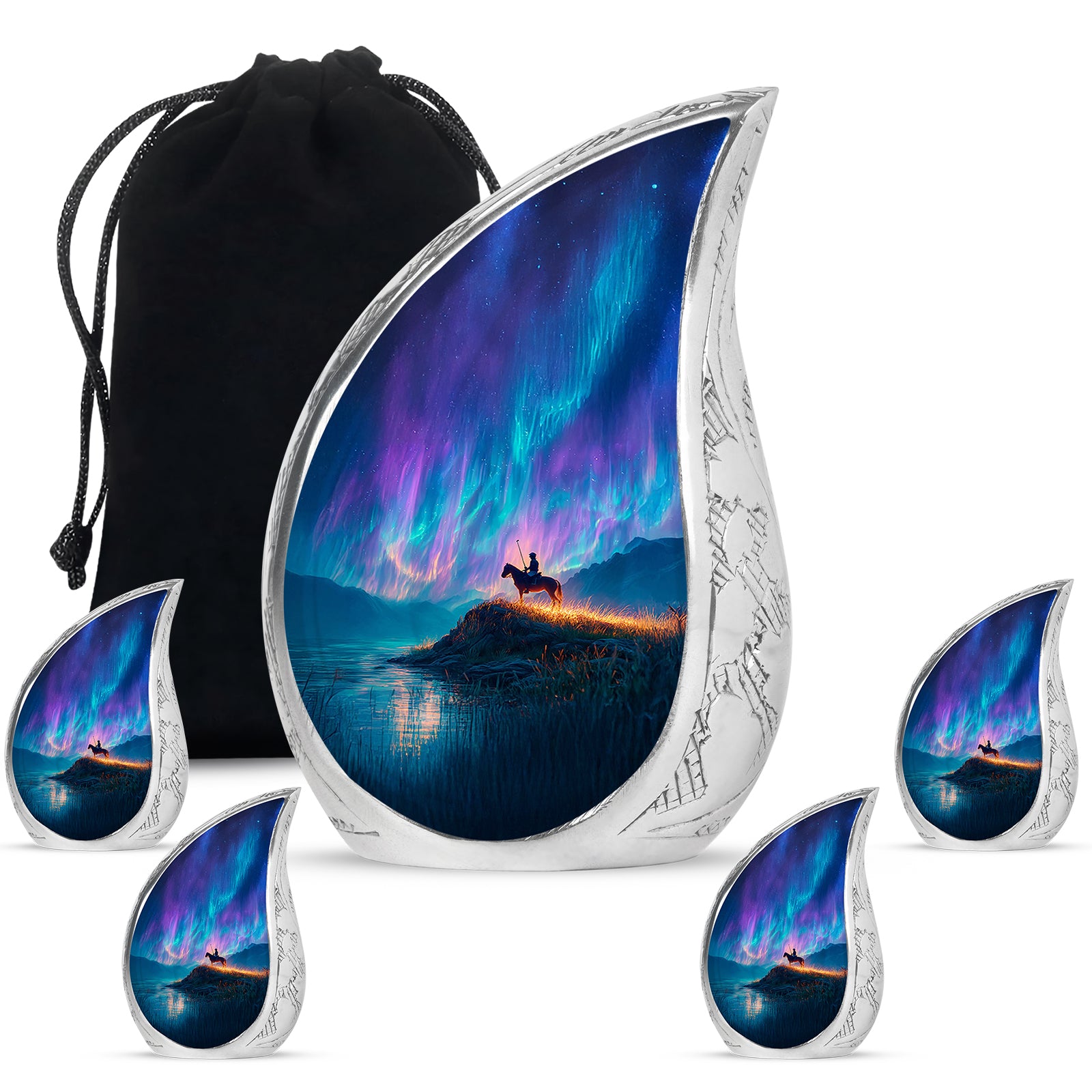 Celestial Blue Horse Polo Cremation Urn side profile showing urn shape - rounded teardrop horse polo design with delicate detail - memorial set with one large and four small urns