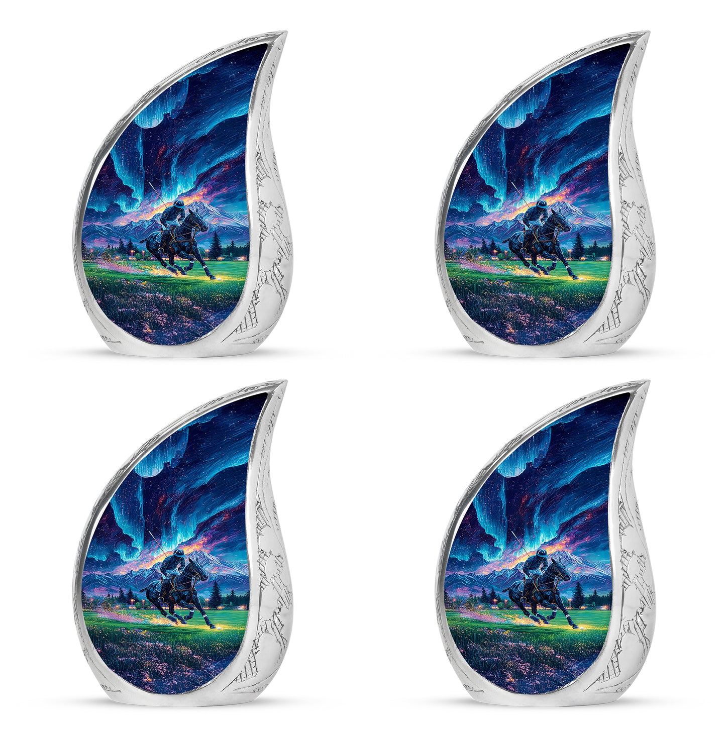 Bright Blue Horse Polo Cremation Urn close-up of engraving and surface detail - smooth teardrop contour featuring horse polo art - 10 inch aluminum urn for cremated remains