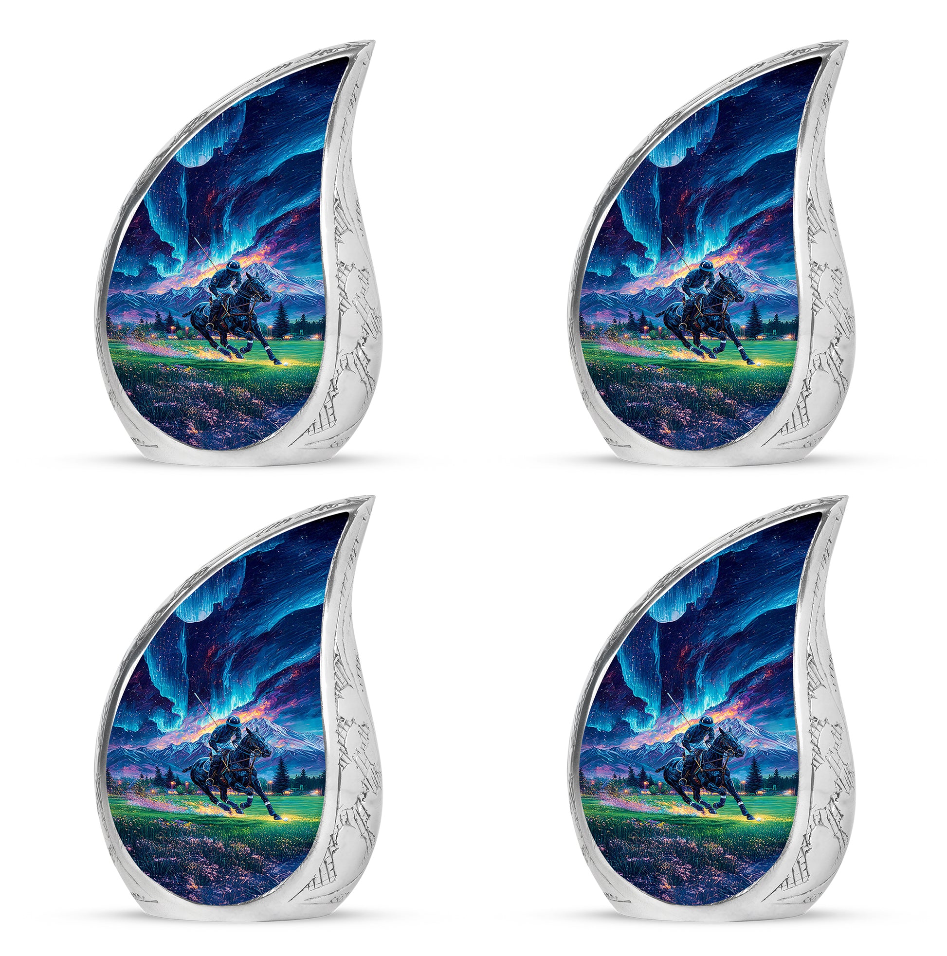 Bright Blue Horse Polo Cremation Urn close-up of engraving and surface detail - smooth teardrop contour featuring horse polo art - 10 inch aluminum urn for cremated remains
