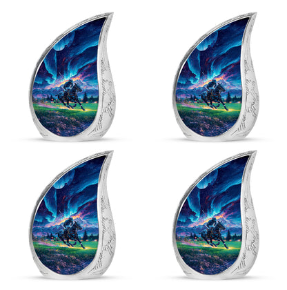 Bright Blue Horse Polo Cremation Urn close-up of engraving and surface detail - smooth teardrop contour featuring horse polo art - 10 inch aluminum urn for cremated remains