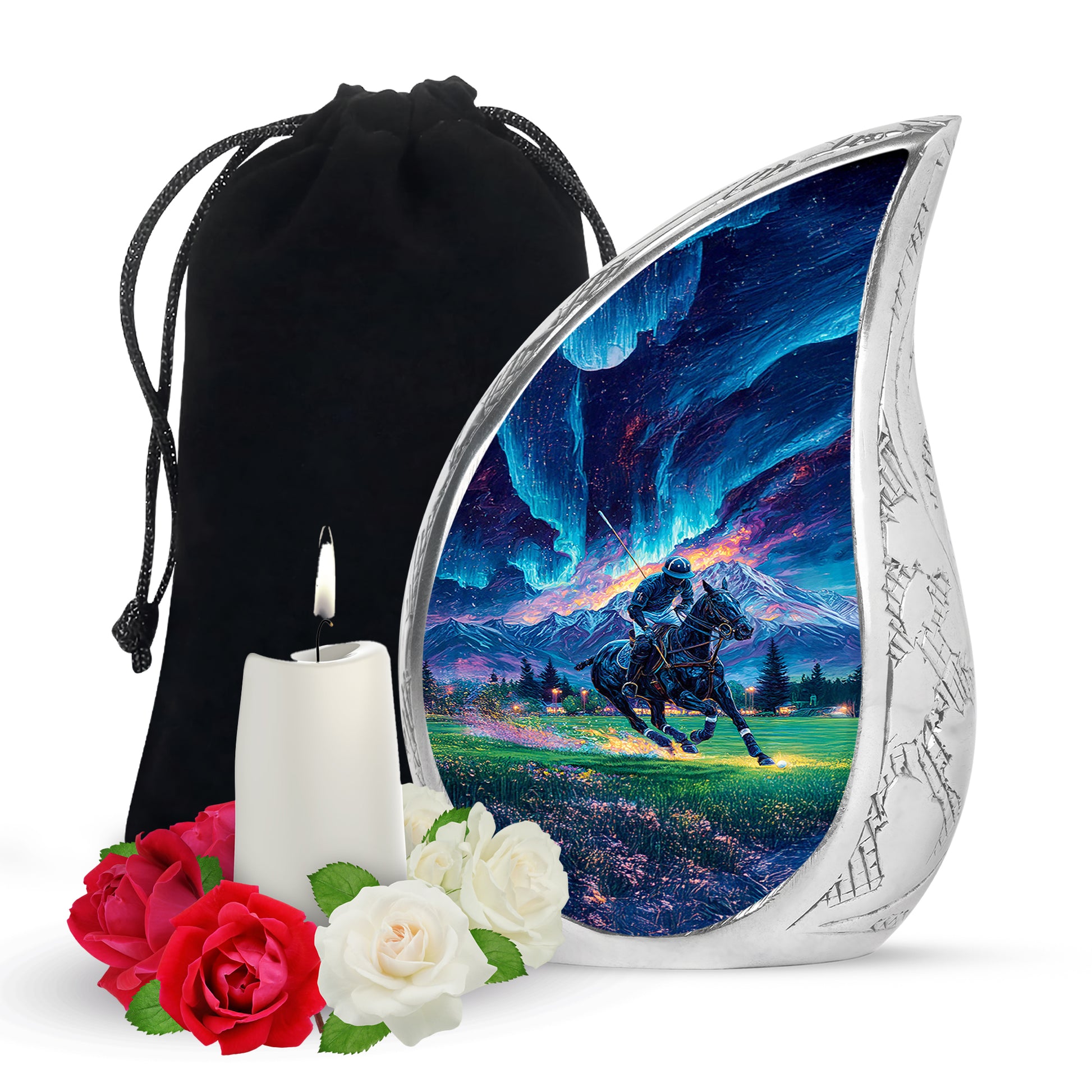 Steel Blue Horse Polo Cremation Urn front view showing detailed design - graceful tear-shaped urn with horse polo motif - full-size 10 inch 200 cubic inch adult cremation urn