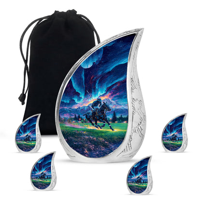 Soft Blue Horse Polo Cremation Urn side profile showing urn shape - smooth teardrop contour featuring horse polo art - memorial set with one large and four small urns