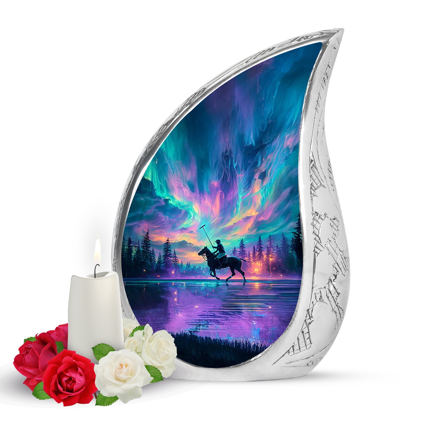 Distinguished Blue Horse Polo Cremation Urn for Ashes - 10-inch, 200 cu in - Yatskia