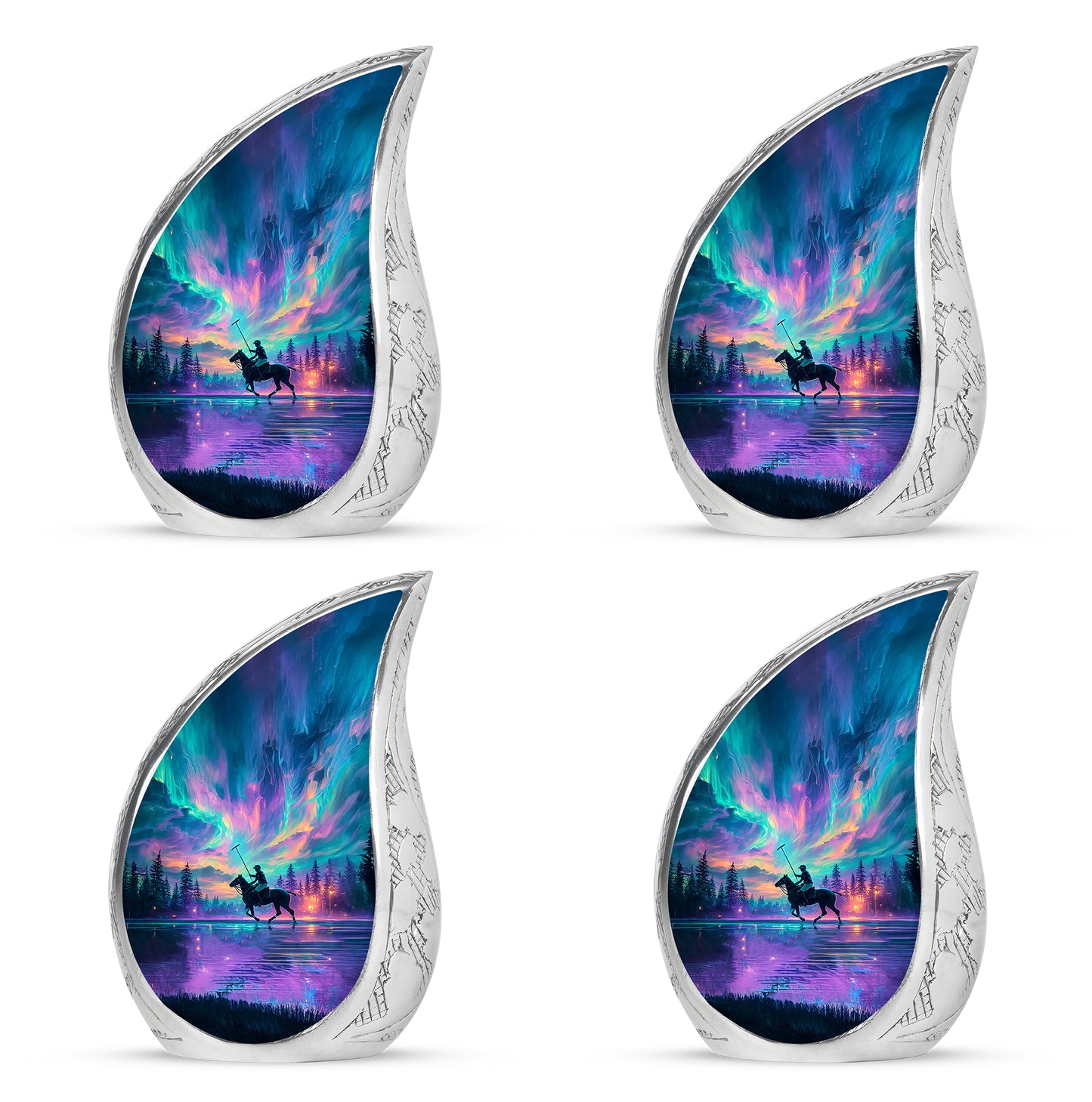 Bright Blue Horse Polo Cremation Urn close-up of engraving and surface detail - graceful tear-shaped urn with horse polo motif - 10 inch aluminum urn for cremated remains