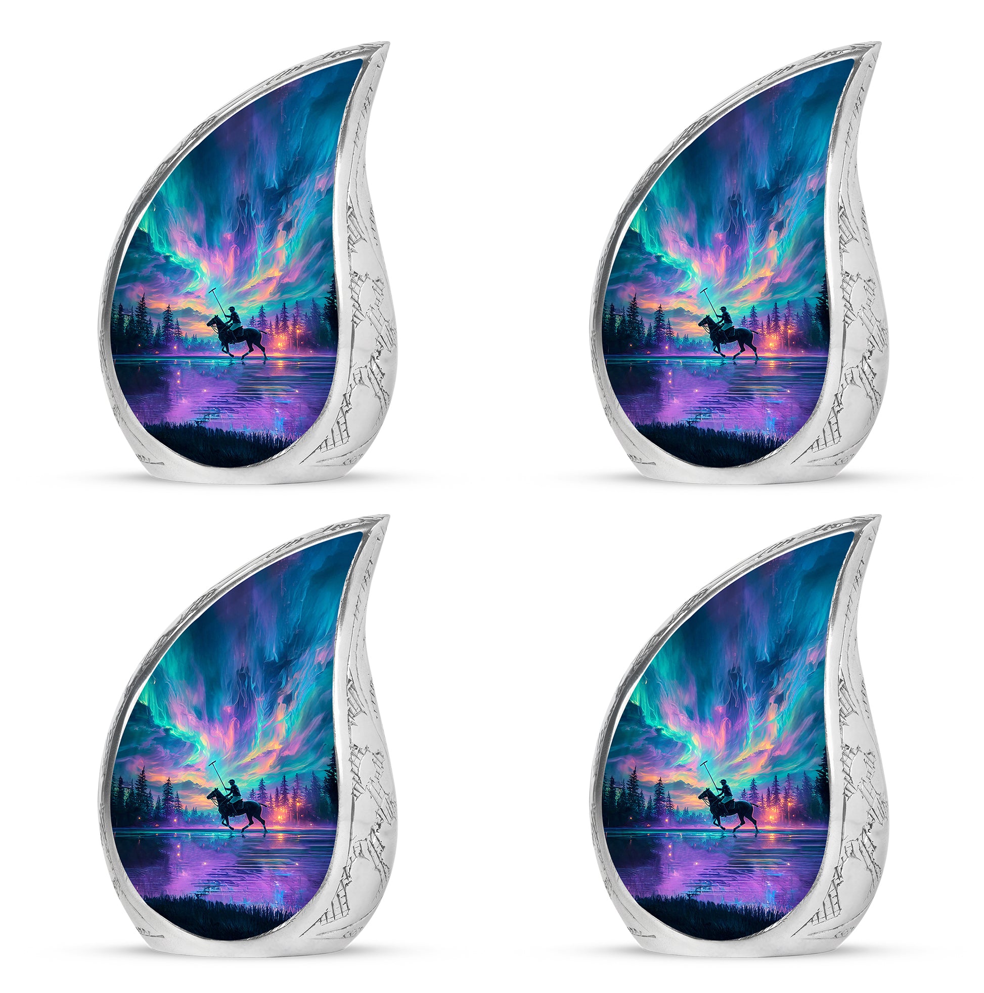 Bright Blue Horse Polo Cremation Urn close-up of engraving and surface detail - graceful tear-shaped urn with horse polo motif - 10 inch aluminum urn for cremated remains