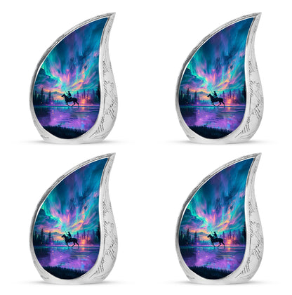 Bright Blue Horse Polo Cremation Urn close-up of engraving and surface detail - graceful tear-shaped urn with horse polo motif - 10 inch aluminum urn for cremated remains