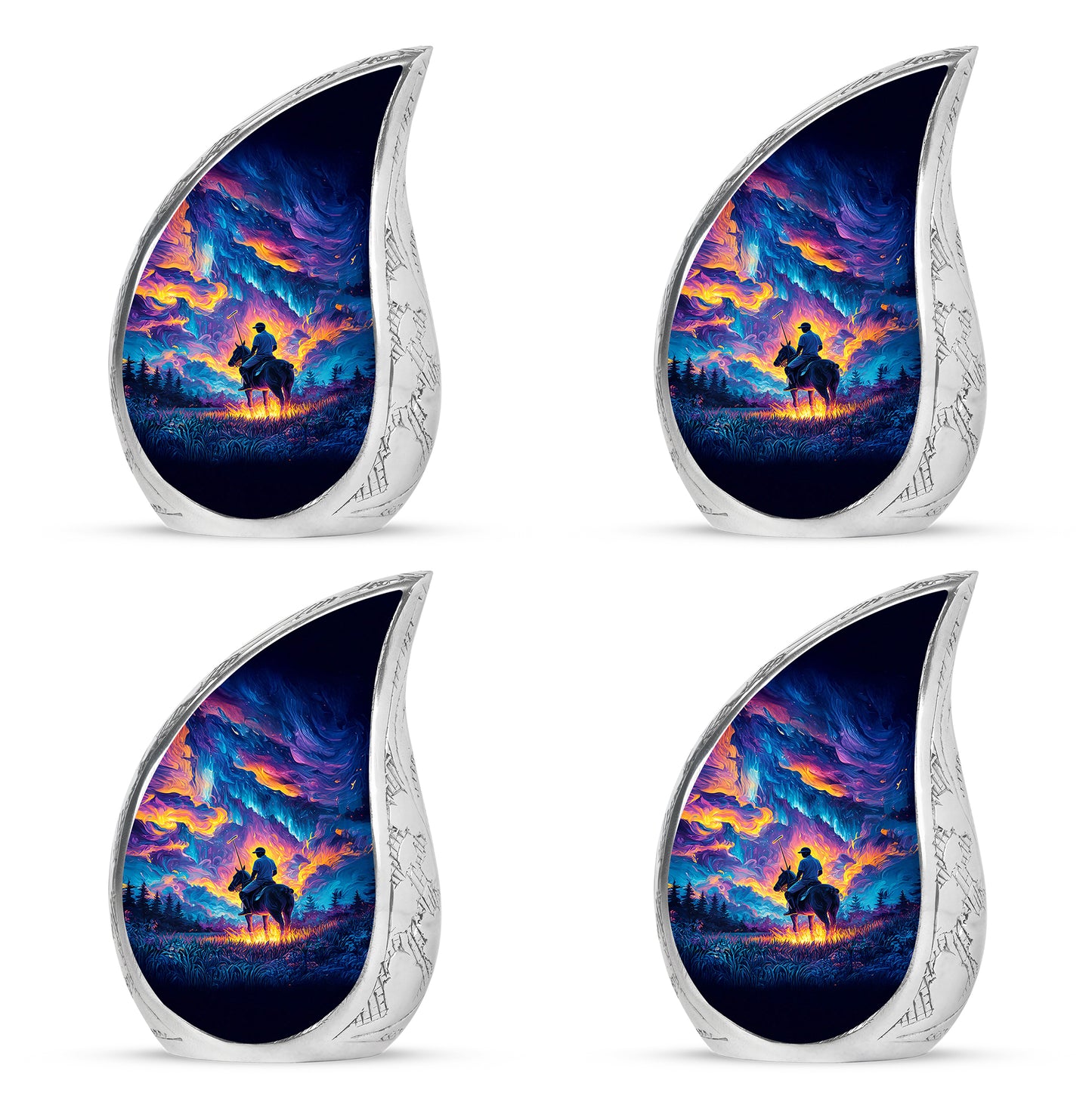 Navy Blue Horse Polo Cremation Urn close-up of engraving and surface detail - flowing teardrop horse polo silhouette on curved aluminum - 10 inch aluminum urn for cremated remains