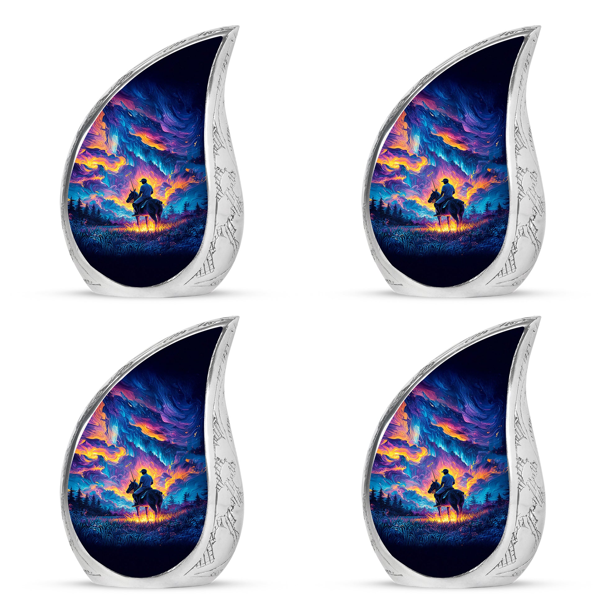 Navy Blue Horse Polo Cremation Urn close-up of engraving and surface detail - flowing teardrop horse polo silhouette on curved aluminum - 10 inch aluminum urn for cremated remains