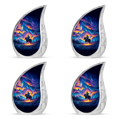 Navy Blue Horse Polo Cremation Urn close-up of engraving and surface detail - flowing teardrop horse polo silhouette on curved aluminum - 10 inch aluminum urn for cremated remains