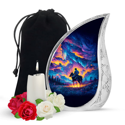 Cornflower Blue Horse Polo Cremation Urn front view showing detailed design - smooth teardrop contour featuring horse polo art - full-size 10 inch 200 cubic inch adult cremation urn
