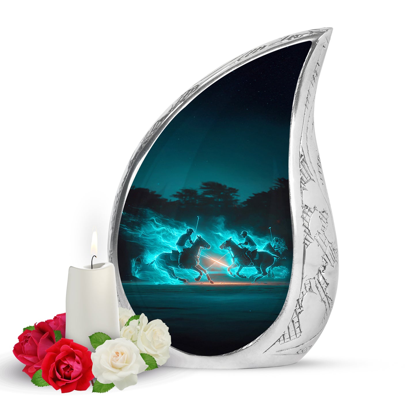 Teal Horse Polo Celebration Cremation Urns for Human Ashes - 10-inch, 200 cu in - Yatskia