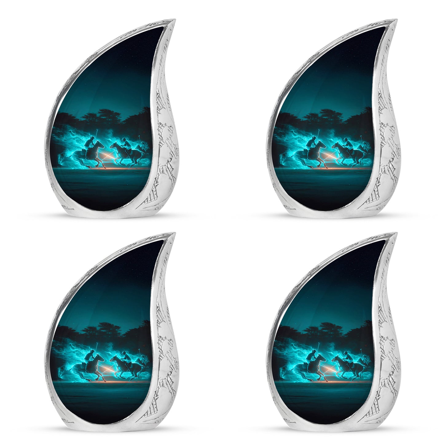 Jewel Teal Horse Polo Cremation Urn close-up of engraving and surface detail - rounded teardrop horse polo design with delicate detail - 10 inch aluminum urn for cremated remains