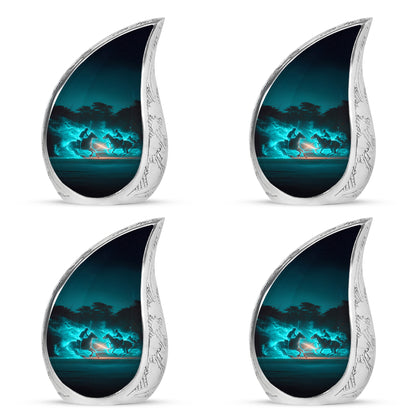 Jewel Teal Horse Polo Cremation Urn close-up of engraving and surface detail - rounded teardrop horse polo design with delicate detail - 10 inch aluminum urn for cremated remains