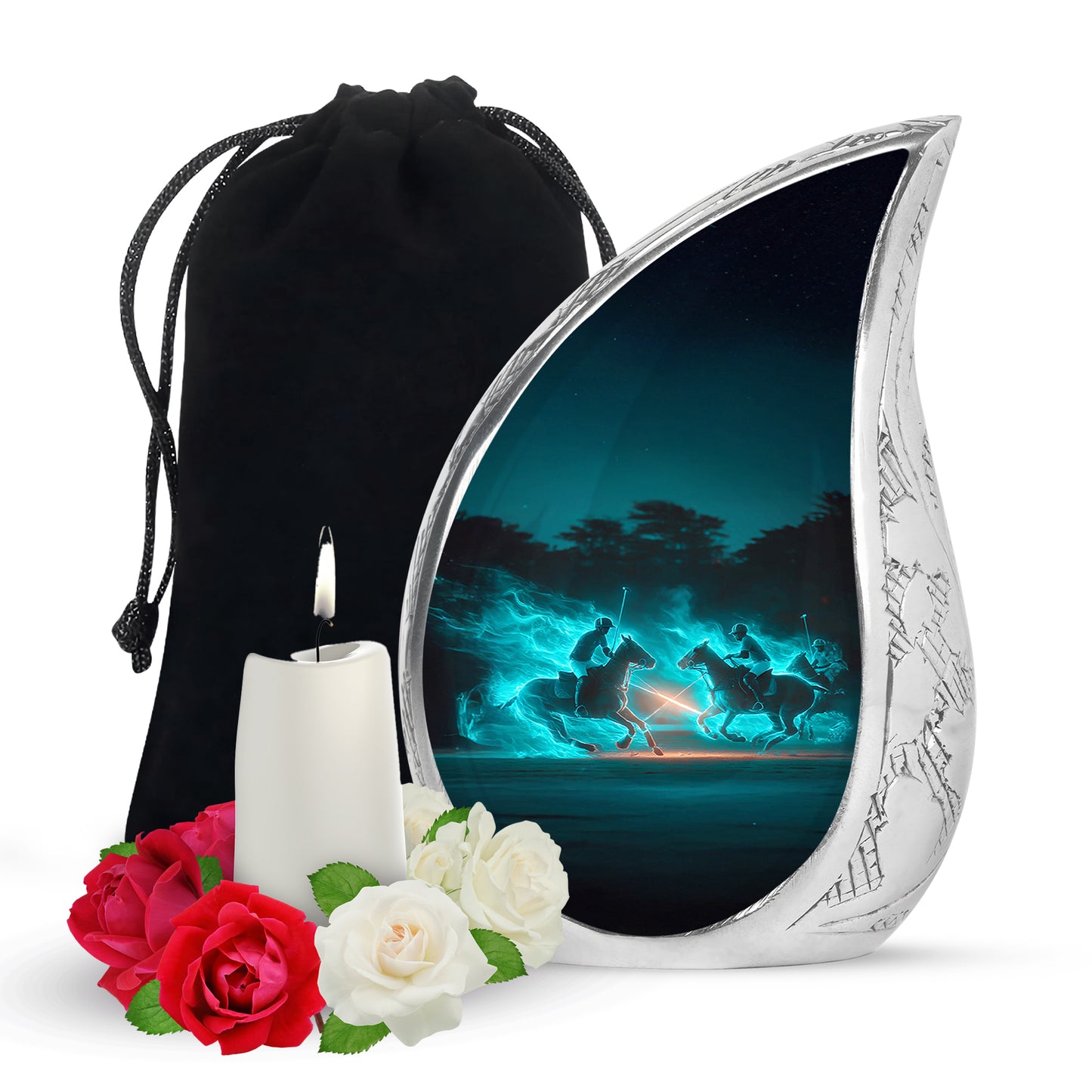 Tropical Teal Horse Polo Cremation Urn front view showing detailed design - graceful tear-shaped urn with horse polo motif - full-size 10 inch 200 cubic inch adult cremation urn