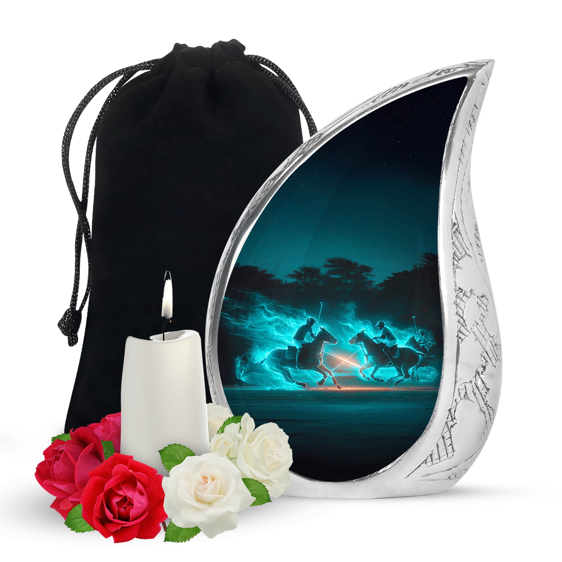 Tropical Teal Horse Polo Cremation Urn front view showing detailed design - graceful tear-shaped urn with horse polo motif - full-size 10 inch 200 cubic inch adult cremation urn