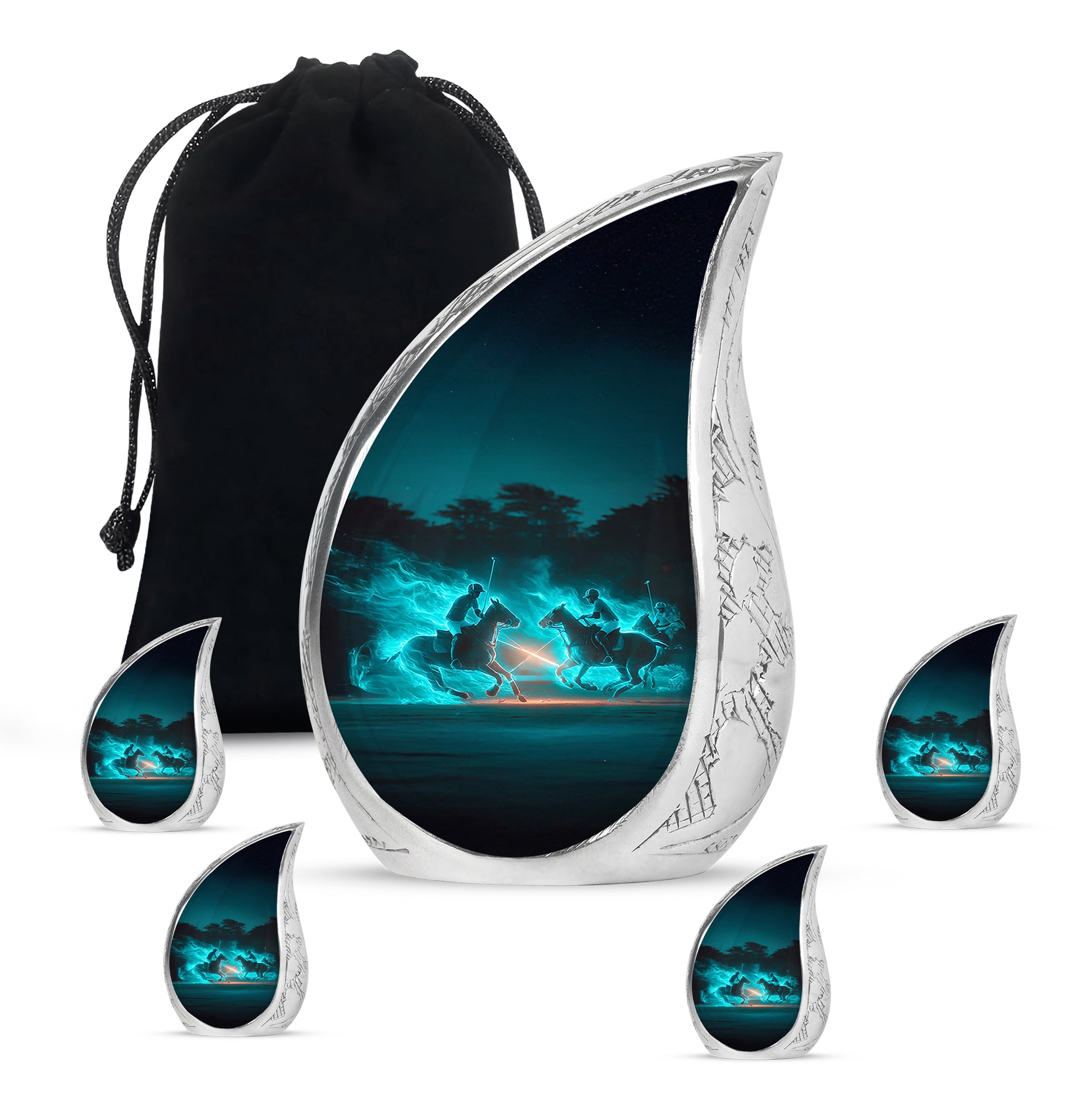 Tropical Teal Horse Polo Cremation Urn side profile showing urn shape - graceful tear-shaped urn with horse polo motif - memorial set with one large and four small urns