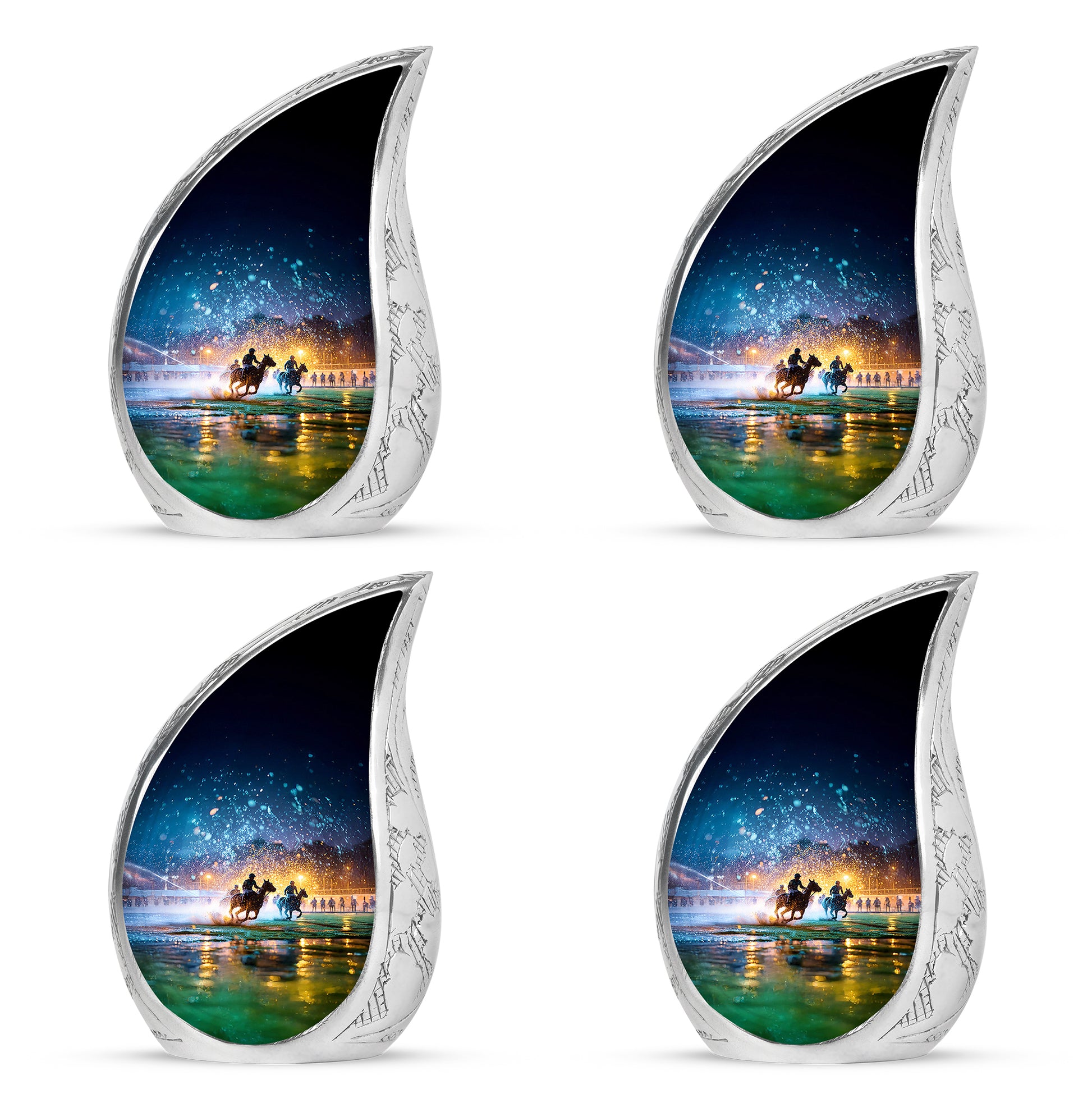 Cornflower Blue Horse Polo Cremation Urn close-up of engraving and surface detail - smooth teardrop contour featuring horse polo art - 10 inch aluminum urn for cremated remains