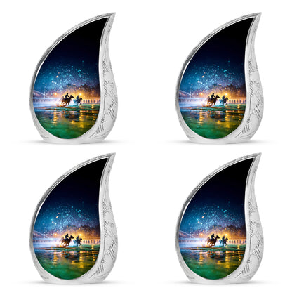 Cornflower Blue Horse Polo Cremation Urn close-up of engraving and surface detail - smooth teardrop contour featuring horse polo art - 10 inch aluminum urn for cremated remains