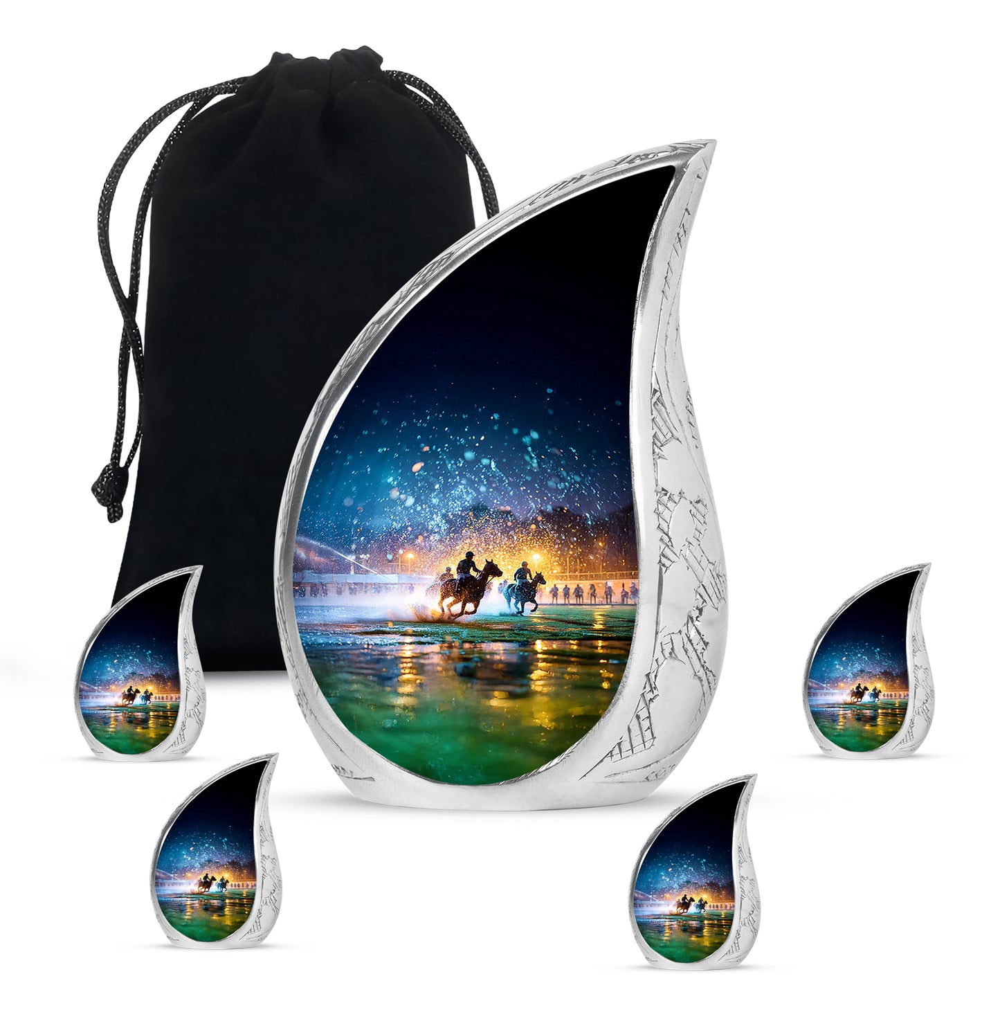Celestial Blue Horse Polo Cremation Urn side profile showing urn shape - flowing teardrop horse polo silhouette on curved aluminum - memorial set with one large and four small urns