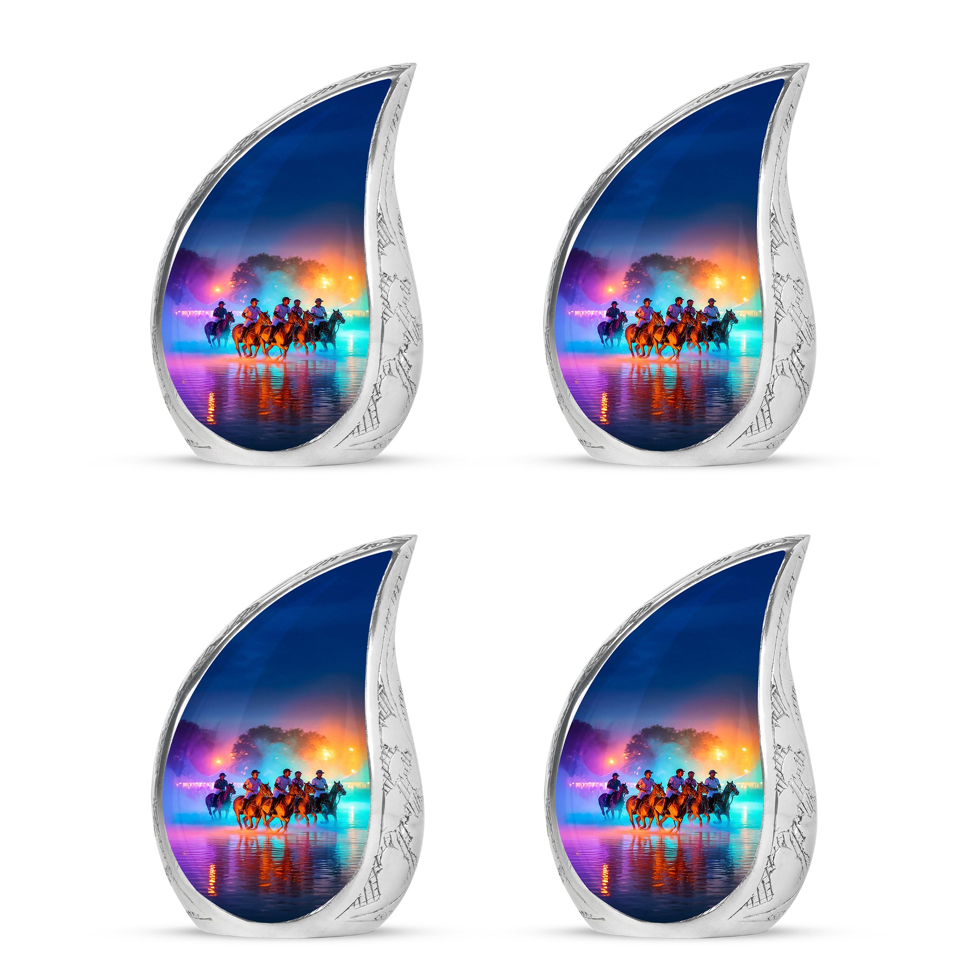 Majestic Purple Horse Polo Cremation Urn close-up of engraving and surface detail - rounded teardrop horse polo design with delicate detail - 10 inch aluminum urn for cremated remains