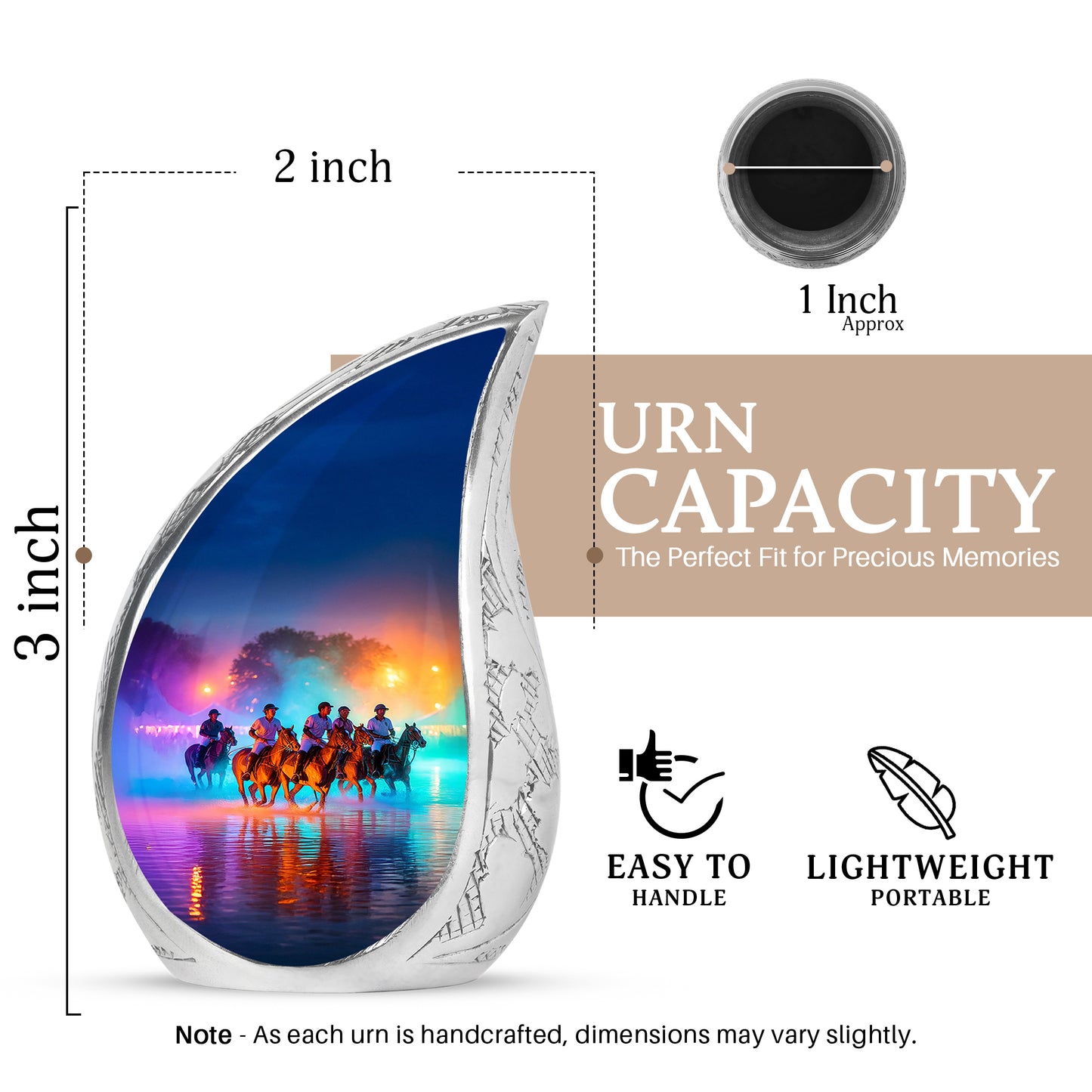 Amethyst Purple Horse Polo Cremation Urn angled view of lid and engraved motif - rounded teardrop horse polo design with delicate detail - mini keepsake memorial for portion of cremation ashes