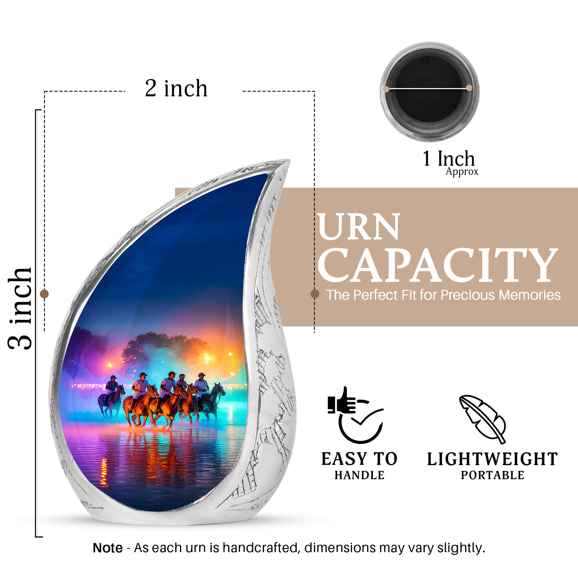 Amethyst Purple Horse Polo Cremation Urn angled view of lid and engraved motif - rounded teardrop horse polo design with delicate detail - mini keepsake memorial for portion of cremation ashes