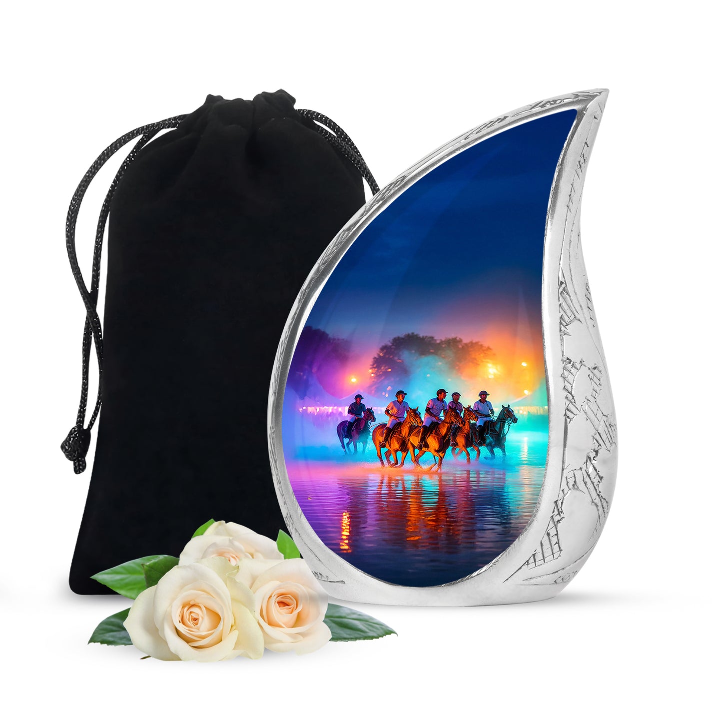 Orchid Purple Horse Polo Cremation Urn front view showing detailed design - rounded teardrop horse polo design with delicate detail - full-size 10 inch 200 cubic inch adult cremation urn