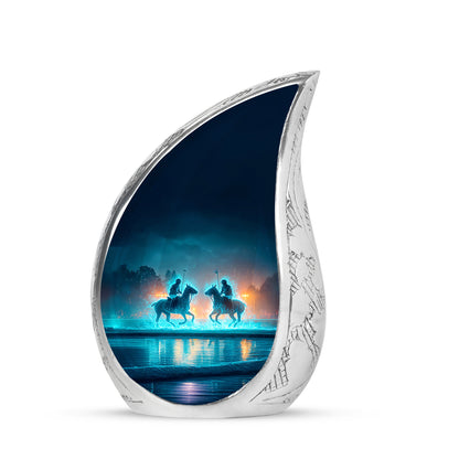 Blue Stately Horse Polo Cremation Urns for Human Ashes - 10-inch, 200 cu in - Yatskia