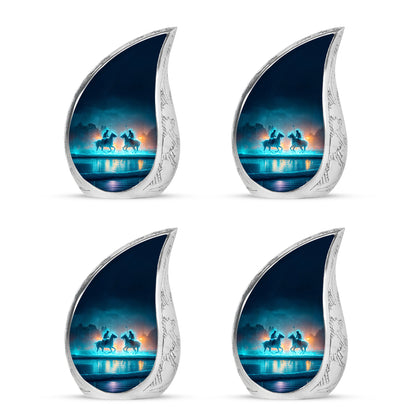 Cobalt Blue Horse Polo Cremation Urn close-up of engraving and surface detail - smooth teardrop contour featuring horse polo art - 10 inch aluminum urn for cremated remains