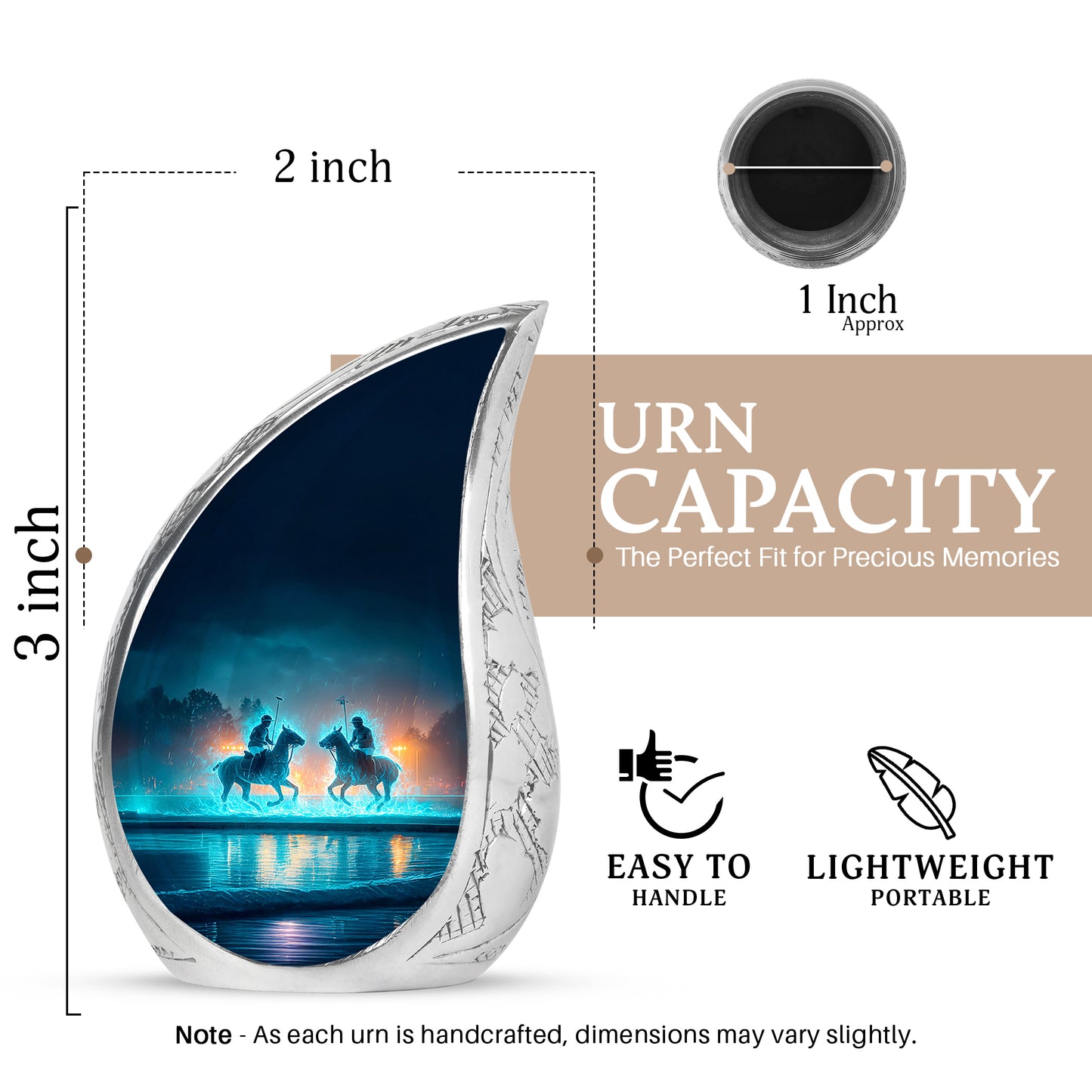 Azure Horse Polo Cremation Urn angled view of lid and engraved motif - flowing teardrop horse polo silhouette on curved aluminum - mini keepsake memorial for portion of cremation ashes