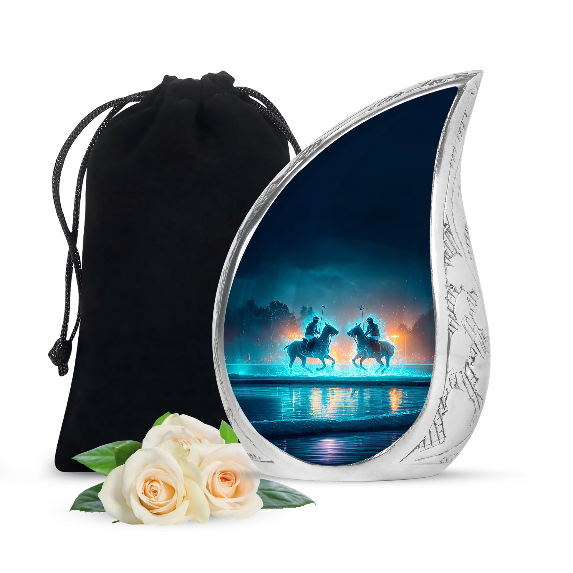 Indigo Horse Polo Cremation Urn front view showing detailed design - rounded teardrop horse polo design with delicate detail - full-size 10 inch 200 cubic inch adult cremation urn