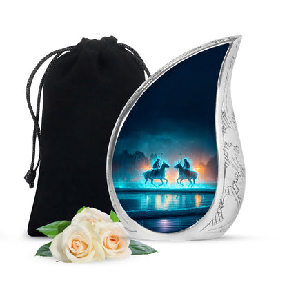 Indigo Horse Polo Cremation Urn front view showing detailed design - rounded teardrop horse polo design with delicate detail - full-size 10 inch 200 cubic inch adult cremation urn