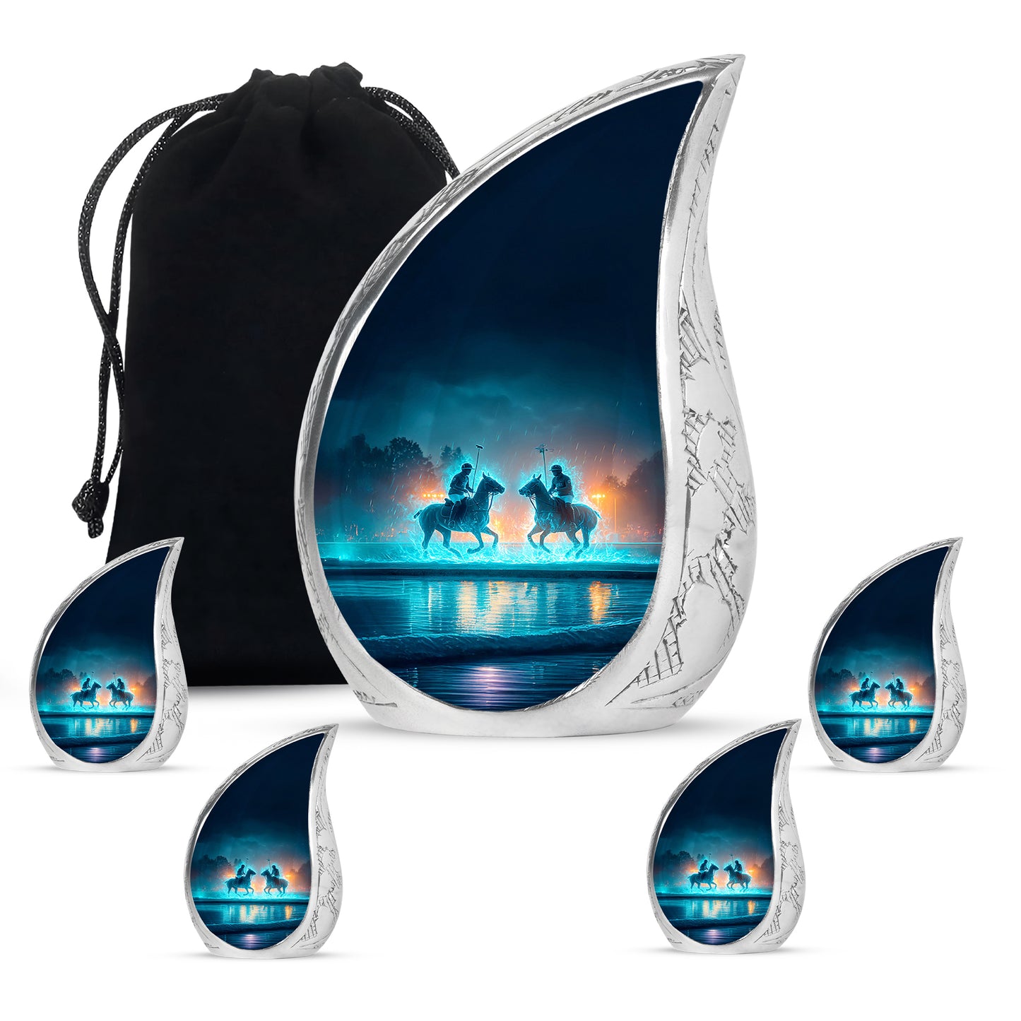 Icy Blue Horse Polo Cremation Urn side profile showing urn shape - rounded teardrop horse polo design with delicate detail - memorial set with one large and four small urns