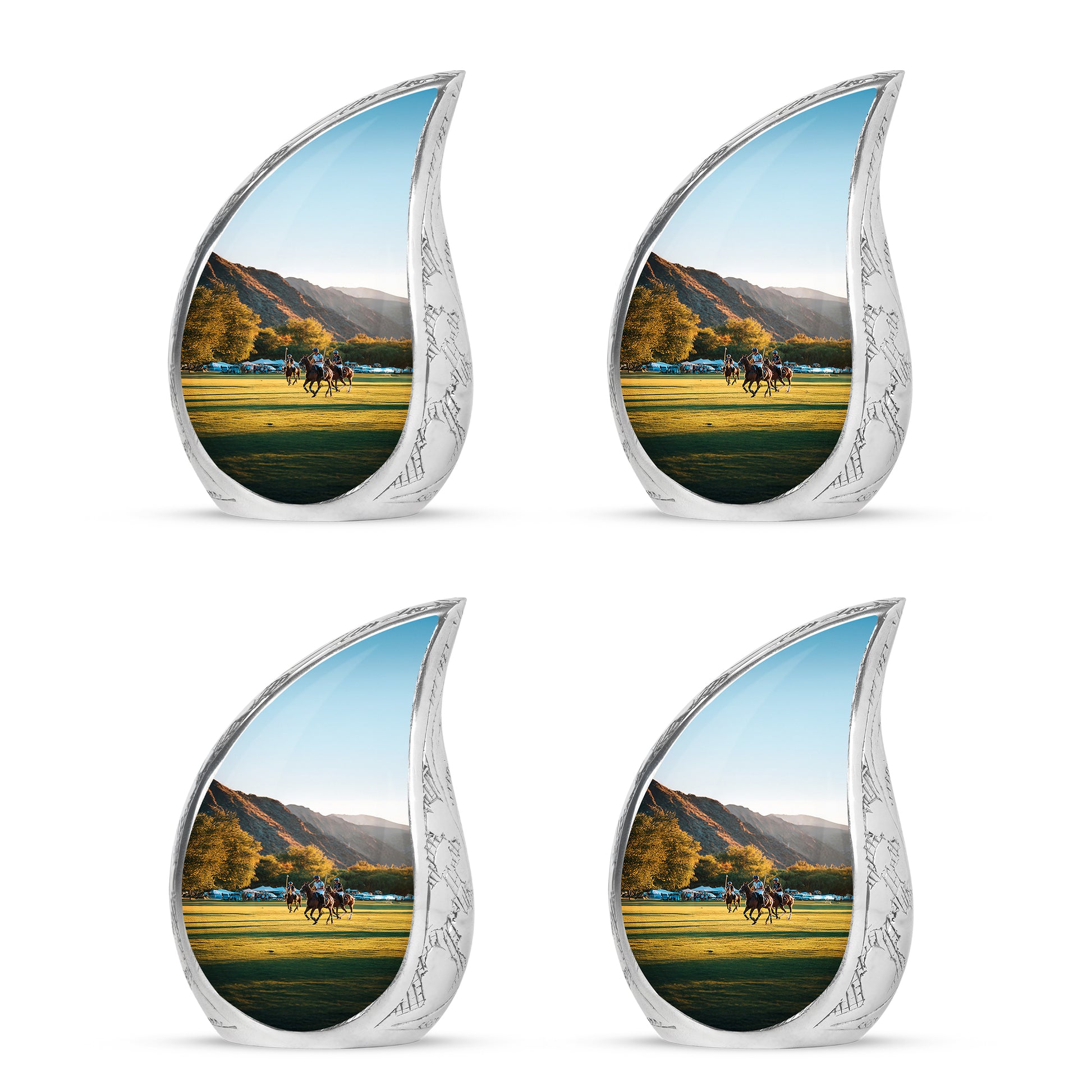 Polished Silver Horse Polo Cremation Urn close-up of engraving and surface detail - graceful tear-shaped urn with horse polo motif - 10 inch aluminum urn for cremated remains