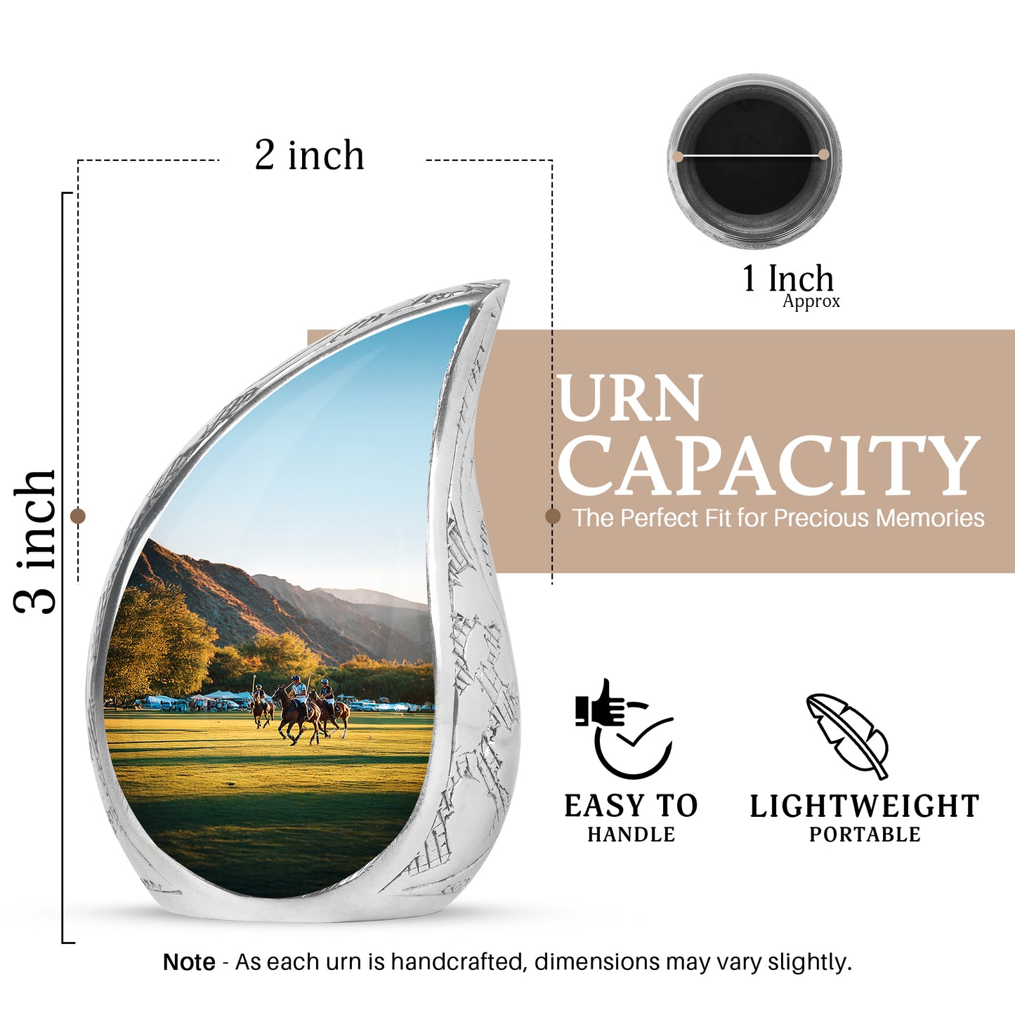 Frosted Silver Horse Polo Cremation Urn angled view of lid and engraved motif - graceful tear-shaped urn with horse polo motif - mini keepsake memorial for portion of cremation ashes
