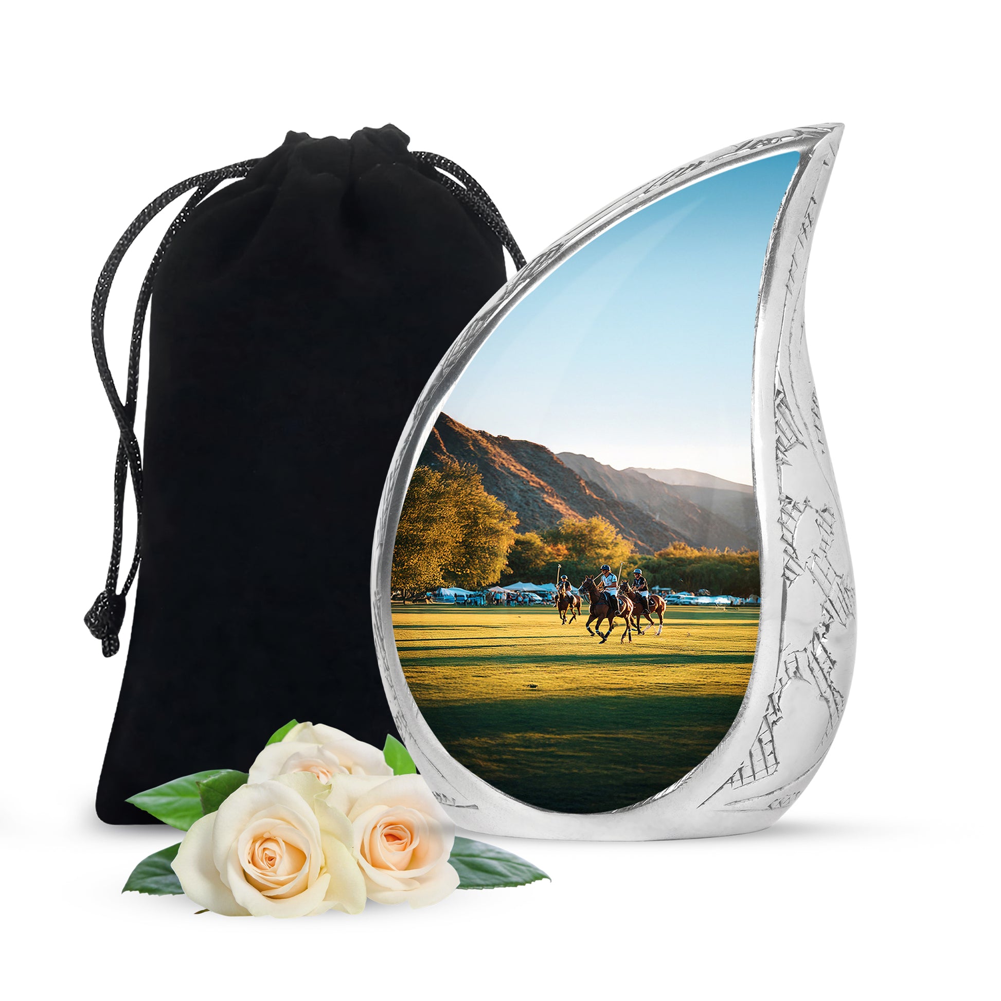 Platinum Silver Horse Polo Cremation Urn front view showing detailed design - rounded teardrop horse polo design with delicate detail - full-size 10 inch 200 cubic inch adult cremation urn