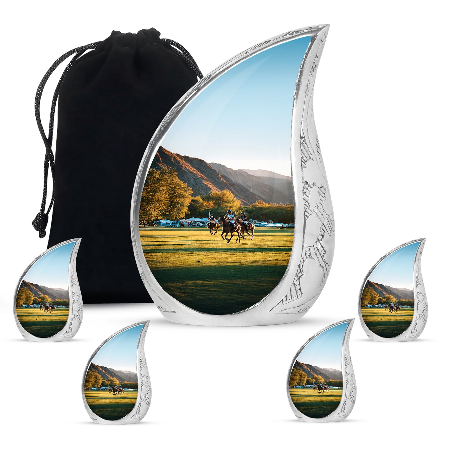Frosted Silver Horse Polo Cremation Urn side profile showing urn shape - graceful tear-shaped urn with horse polo motif - memorial set with one large and four small urns