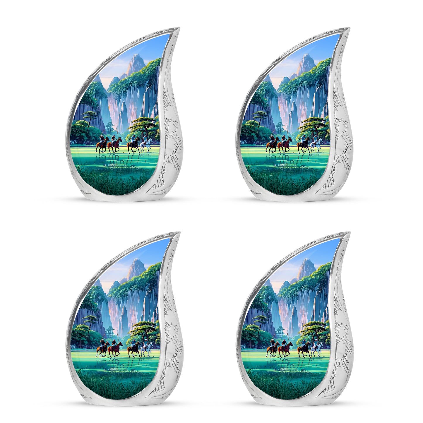 Pastel Blue Horse Polo Cremation Urn close-up of engraving and surface detail - rounded teardrop horse polo design with delicate detail - 10 inch aluminum urn for cremated remains