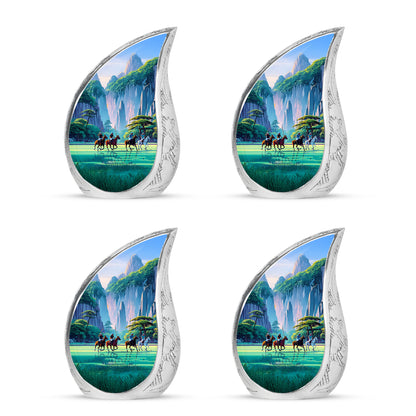 Pastel Blue Horse Polo Cremation Urn close-up of engraving and surface detail - rounded teardrop horse polo design with delicate detail - 10 inch aluminum urn for cremated remains