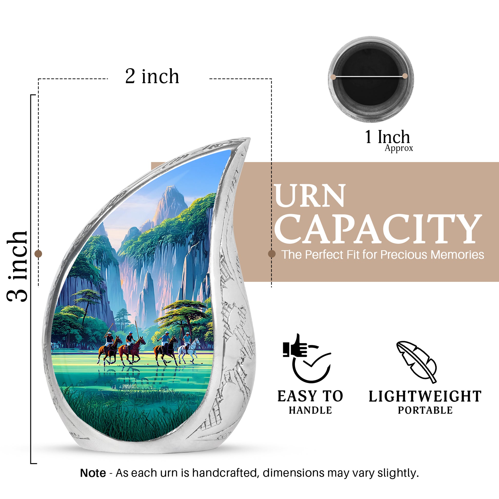 Azure Horse Polo Cremation Urn angled view of lid and engraved motif - rounded teardrop horse polo design with delicate detail - mini keepsake memorial for portion of cremation ashes