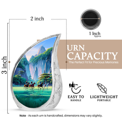 Azure Horse Polo Cremation Urn angled view of lid and engraved motif - rounded teardrop horse polo design with delicate detail - mini keepsake memorial for portion of cremation ashes