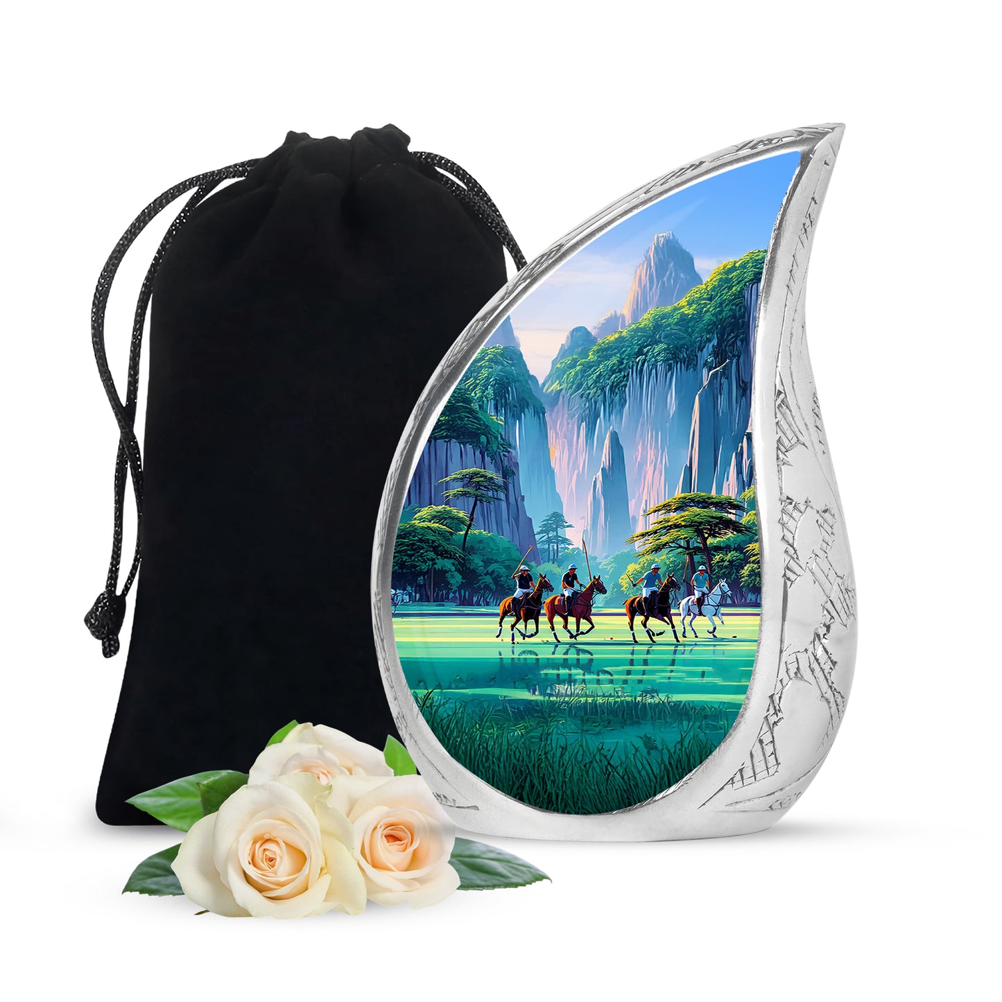 Misty Blue Horse Polo Cremation Urn front view showing detailed design - rounded teardrop horse polo design with delicate detail - full-size 10 inch 200 cubic inch adult cremation urn