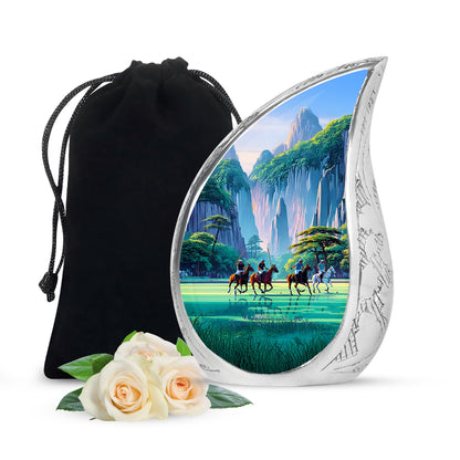 Misty Blue Horse Polo Cremation Urn front view showing detailed design - rounded teardrop horse polo design with delicate detail - full-size 10 inch 200 cubic inch adult cremation urn
