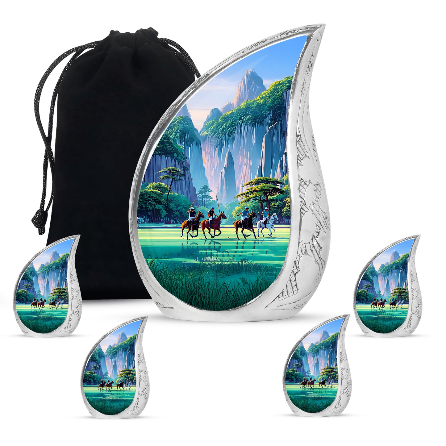 Azure Horse Polo Cremation Urn side profile showing urn shape - rounded teardrop horse polo design with delicate detail - memorial set with one large and four small urns