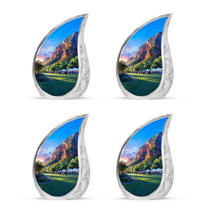 Orchid Purple Horse Polo Cremation Urn close-up of engraving and surface detail - flowing teardrop horse polo silhouette on curved aluminum - 10 inch aluminum urn for cremated remains
